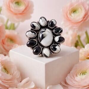 White Buffalo Turquoise Cluster| Sterling Silver | Boho Ring Size 7 Artisan